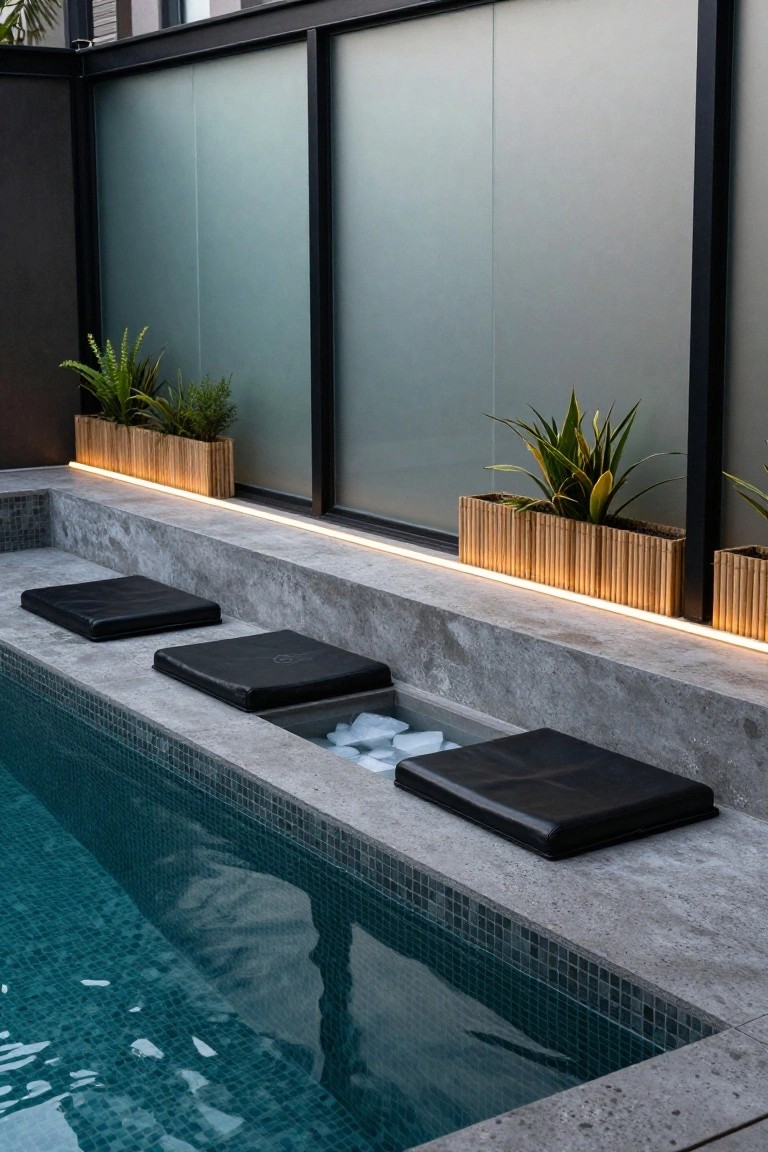 Close-up view of a turquoise-tiled pool with gray concrete bench seating along the edge, including a recessed ice bucket filled with ice cubes, black leather cushions, and nearby potted plants against frosted glass panels.