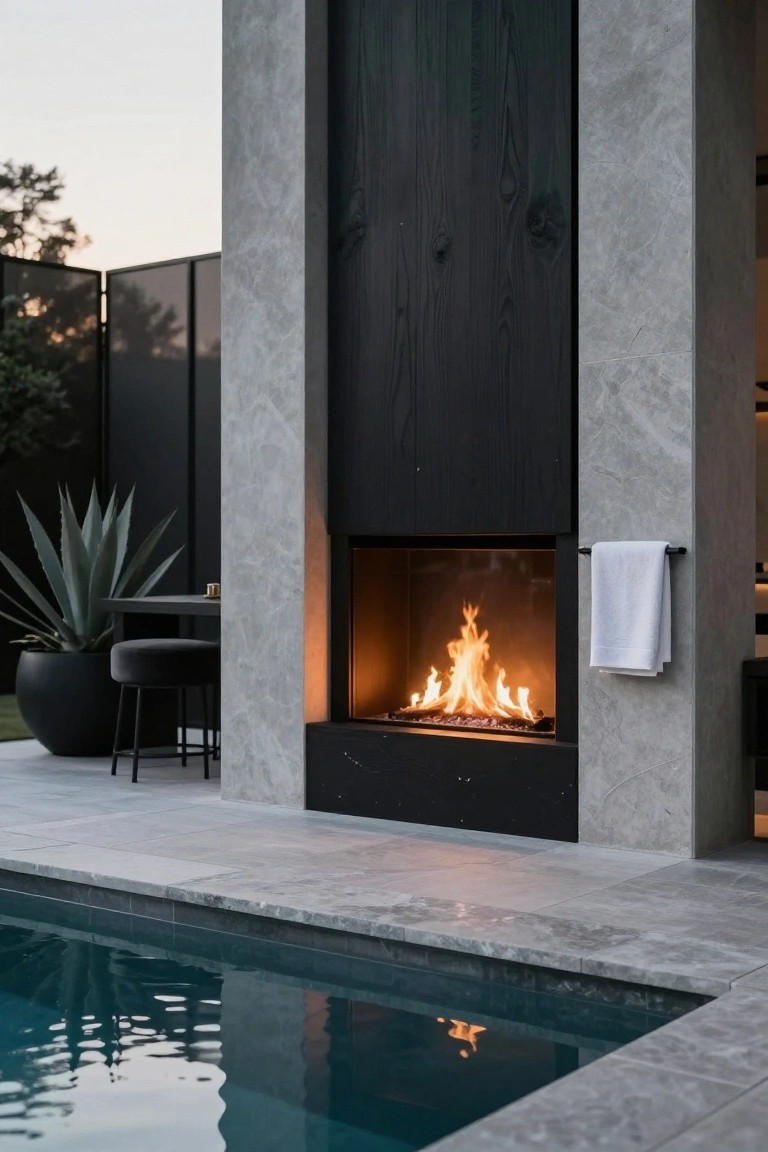 Modern built-in outdoor fireplace with flames in a black wood and gray stone wall beside a rectangular pool, with a white towel on a metal rail, potted agave plants, a stool and table nearby, and privacy screens in the background.