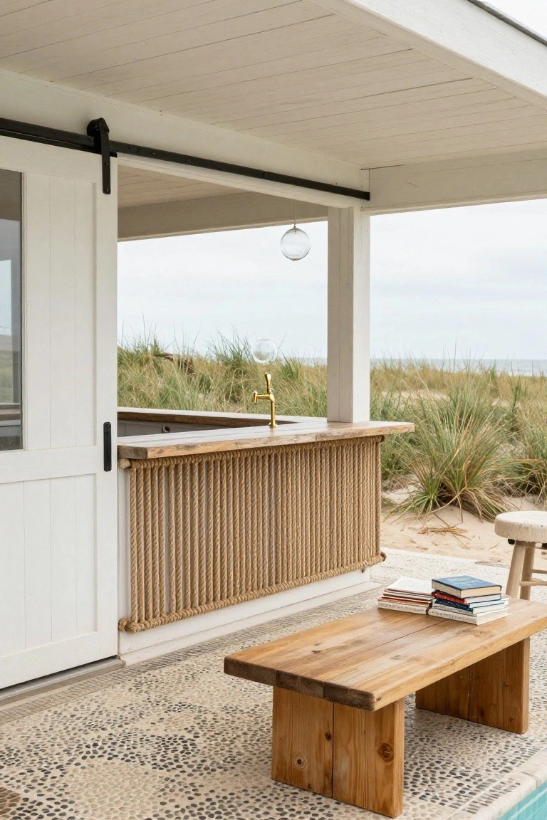 Outdoor pool house bar with white sliding barn door, gold faucet, rope-wrapped wood counter panels, wooden bench table with stacked books, pebbled stone patio floor adjacent to pool edge, and beach dunes in background.