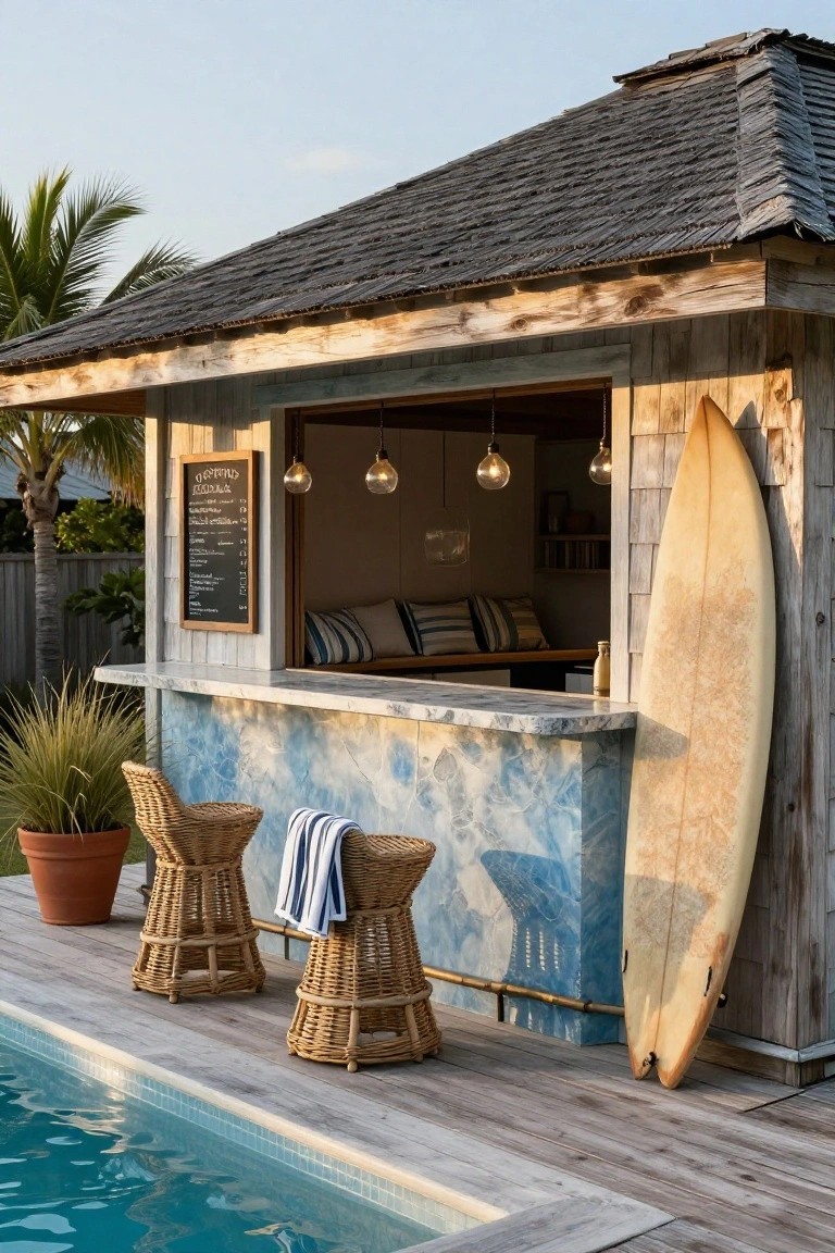 Weathered wooden poolside bar shack with blue swirled countertop, rattan barstools with towels, hanging pendant lights, chalkboard menu, leaning yellow surfboard, potted plants, and blue swimming pool in foreground.