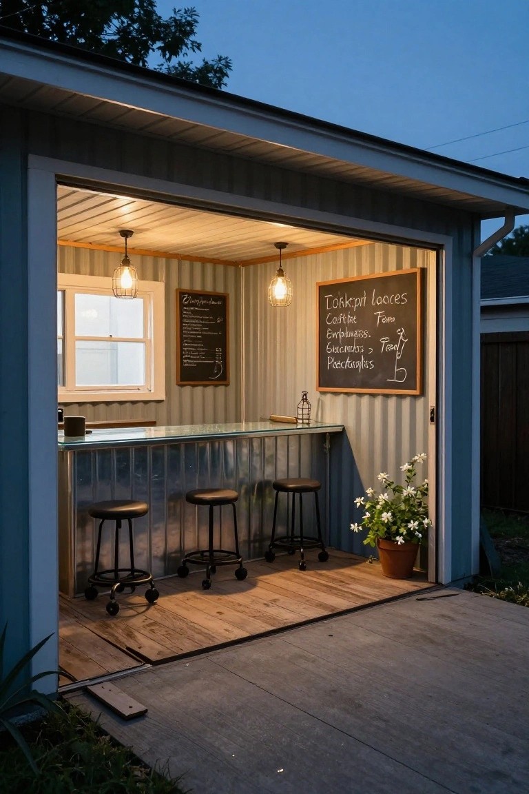Open-sided corrugated metal shed with wooden ceiling converted into an outdoor bar, featuring a glass-topped metal counter, three black swivel stools, two chalkboard menus on the wall listing drinks, pendant lights, a potted flowering plant, wooden deck floor, and concrete driveway at dusk.