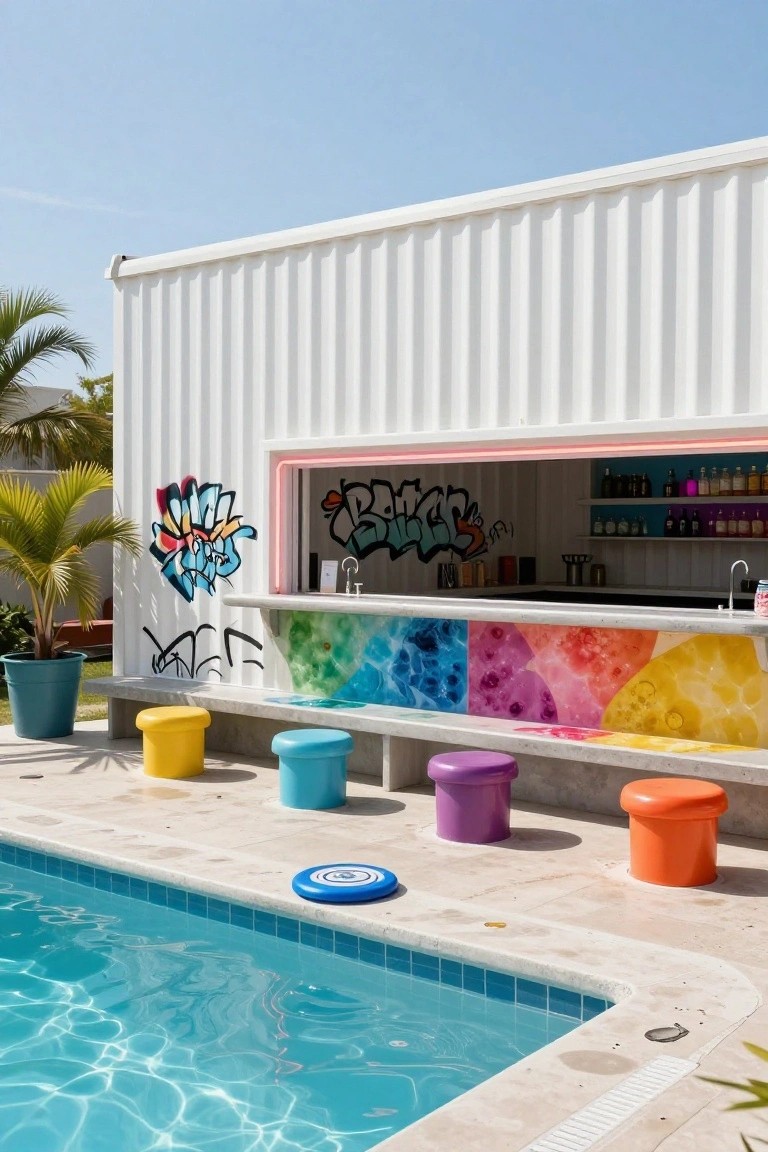 White shipping container structure converted into an outdoor bar with graffiti art on the sides, colorful tiled bar front, stools in yellow blue purple and orange, next to a swimming pool with palm plants nearby.