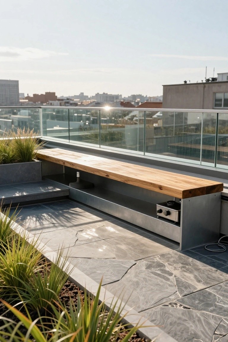 Rooftop terrace with a long wooden bench integrated into a gray metal base housing a small silver cooktop, surrounded by potted grasses, gray stone pavers, and a glass railing overlooking a city skyline.