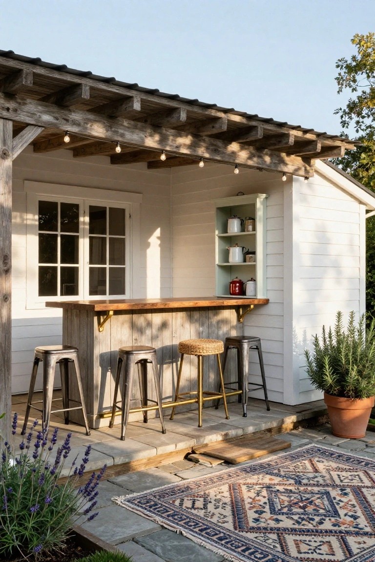 White wooden shed with double windows and open shelves holding red and white kitchen items, a wooden bar counter extending from the wall on gold brackets with four stools, potted rosemary and lavender plants, and a patterned rug on stone pavers under a pergola roof with string lights.