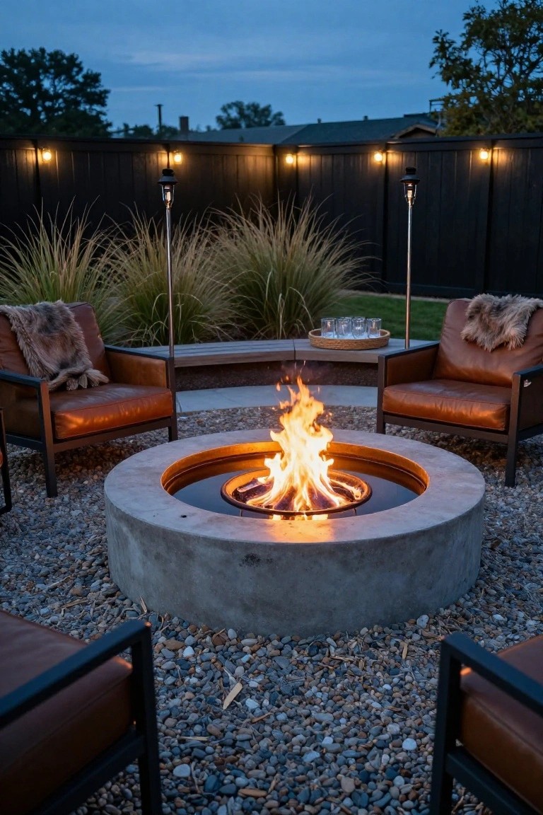 Circular concrete fire pit with flames over water on a gravel patio surrounded by four leather armchairs, torches, ornamental grasses, and a wooden fence at dusk.