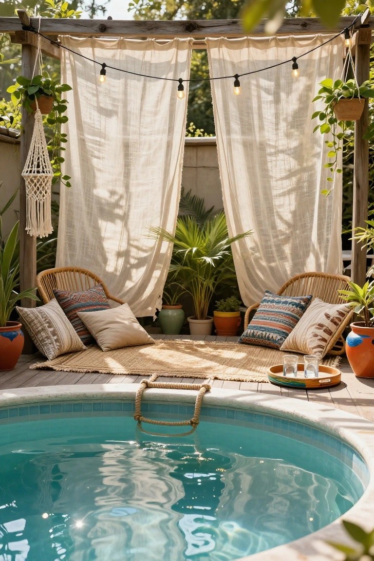 Round turquoise stock tank pool on a wooden deck surrounded by sheer white curtains draped from a wooden pergola with string lights, hanging plants, rattan chairs with patterned pillows, and potted plants nearby.