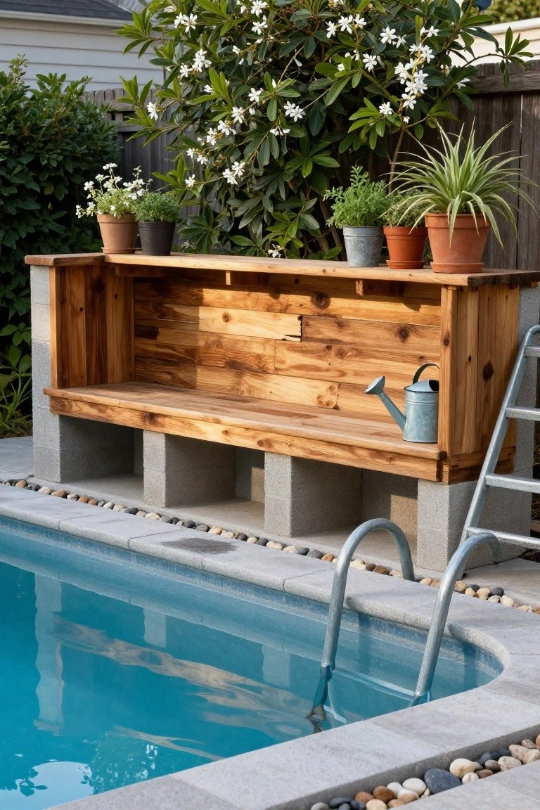 Wooden bench structure with open lower shelving and upper planter shelf holding several potted plants and a metal watering can, positioned beside a small in-ground pool with a metal ladder and pebble landscaping.