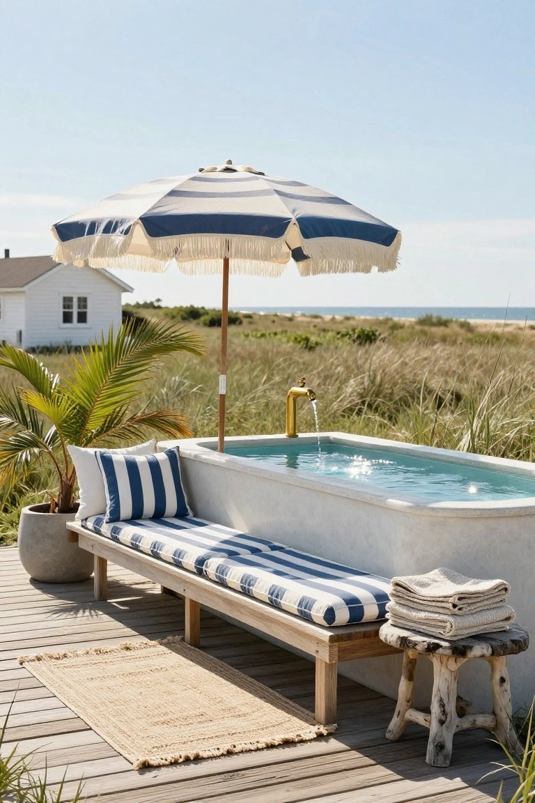 White rectangular stock tank pool on a wooden deck with water filling it and a gold faucet, adjacent navy and white striped cushioned bench, matching striped umbrella, potted palm, towels on a driftwood stool, and beach grass and ocean in background.