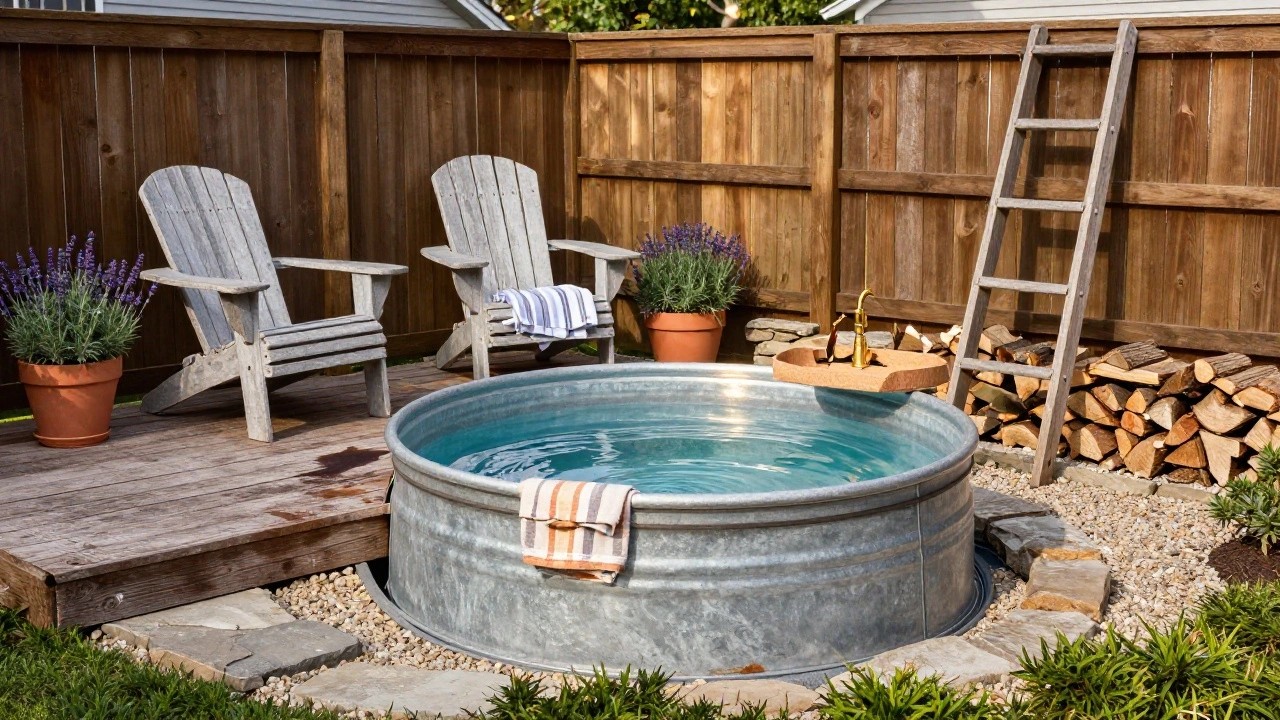 Blue stock tank pool set into a wooden deck with brass faucet, nearby Adirondack chairs, ladder, potted lavender plants, and firewood stack in a backyard.