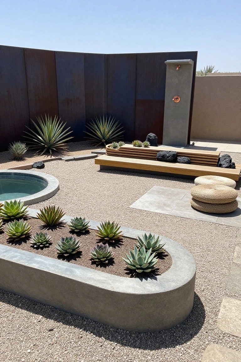 Outdoor gravel courtyard with a small round turquoise pool, curved concrete planter of agave plants, wooden benches, black rocks, rattan poufs, agave clusters, and a metal outdoor shower against a rusted steel wall.