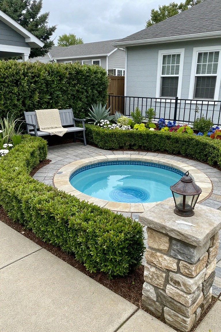 Circular blue-tiled hot tub centered in curved boxwood hedges on a paved patio with a gray wooden bench, plants, and a stone pillar with lantern in a backyard setting.