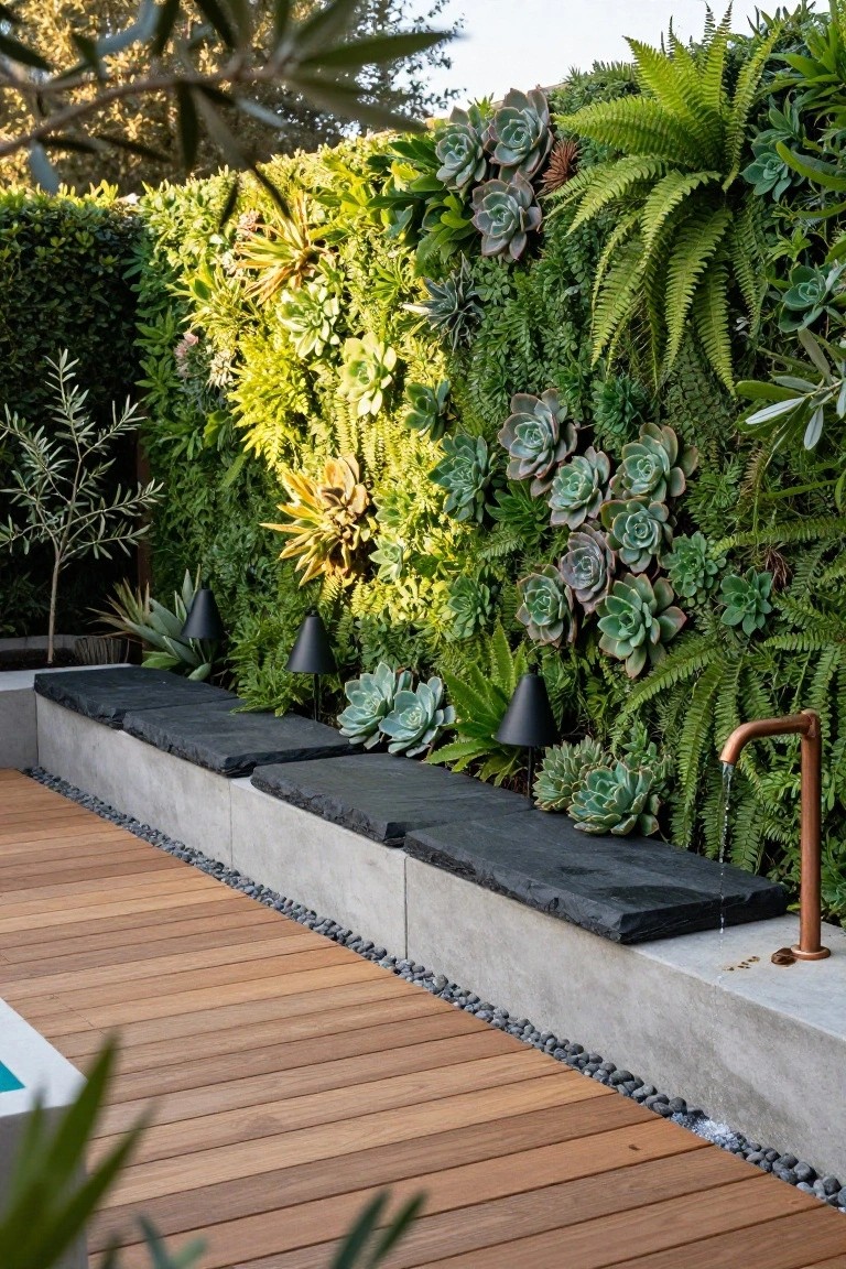 Wooden deck beside a pool with a concrete bench topped in black slate slabs, lush vertical green wall of succulents and ferns, black cone lights, and a copper faucet running water into the pool area.