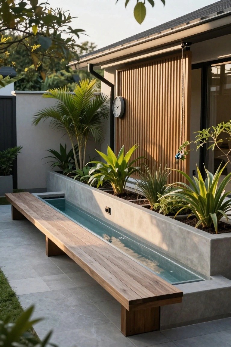 Modern wooden bench beside a long concrete water feature with plants.