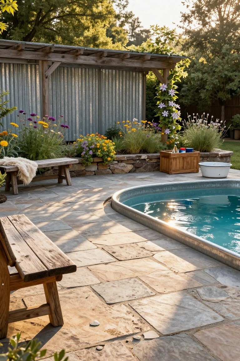 Oval stock tank pool with metal rim on flagstone patio, adjacent wooden benches, raised beds with colorful flowers and plants, wooden pergola, and garden backdrop in sunlight.