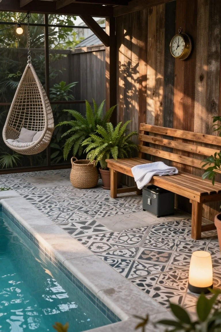 Wooden slatted bench with a white towel draped over it next to a small tiled pool, surrounded by potted plants, a hanging swing chair, and a cooler box on a patterned tile deck under a wooden shelter.