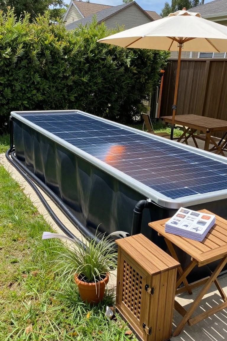A rectangular above-ground black stock tank pool in a backyard covered top to bottom with solar panels, next to grass, wooden furniture, potted plants, and a beige patio umbrella.