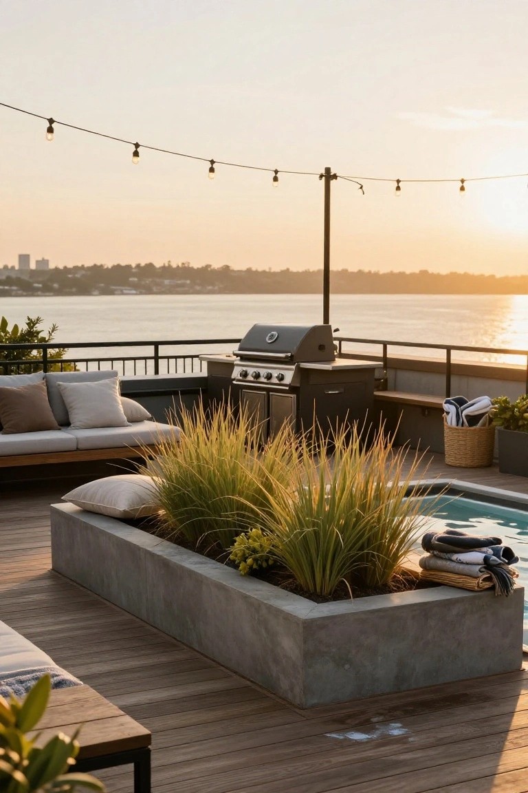 Rooftop terrace deck with a small turquoise pool in a rectangular concrete planter box surrounded by tall grasses, nearby barbecue grill, sofa, towels, and waterfront view at sunset.