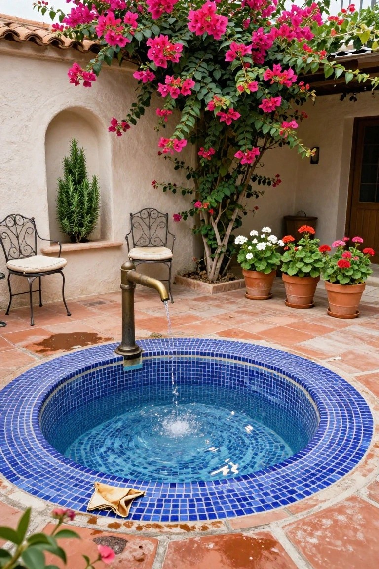 Round blue mosaic-tiled pool in terracotta-tiled courtyard with brass wall faucet filling it, pink bougainvillea on walls, potted plants, and two wrought-iron chairs nearby.