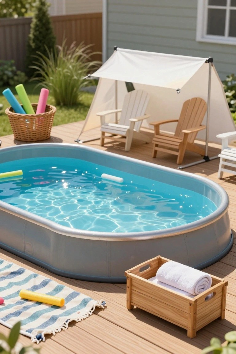 Oval blue stock tank pool on a wooden deck with white Adirondack chairs under a fabric canopy, pool noodles in a basket nearby, and a towel box on the deck.