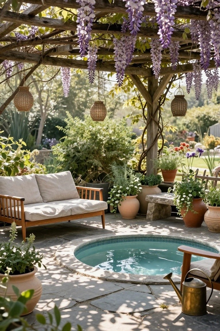 Outdoor patio with round turquoise pool, wooden sofa with beige cushions, terracotta pots of plants, stone bench, and pergola covered in purple wisteria hanging over the area with woven lanterns.