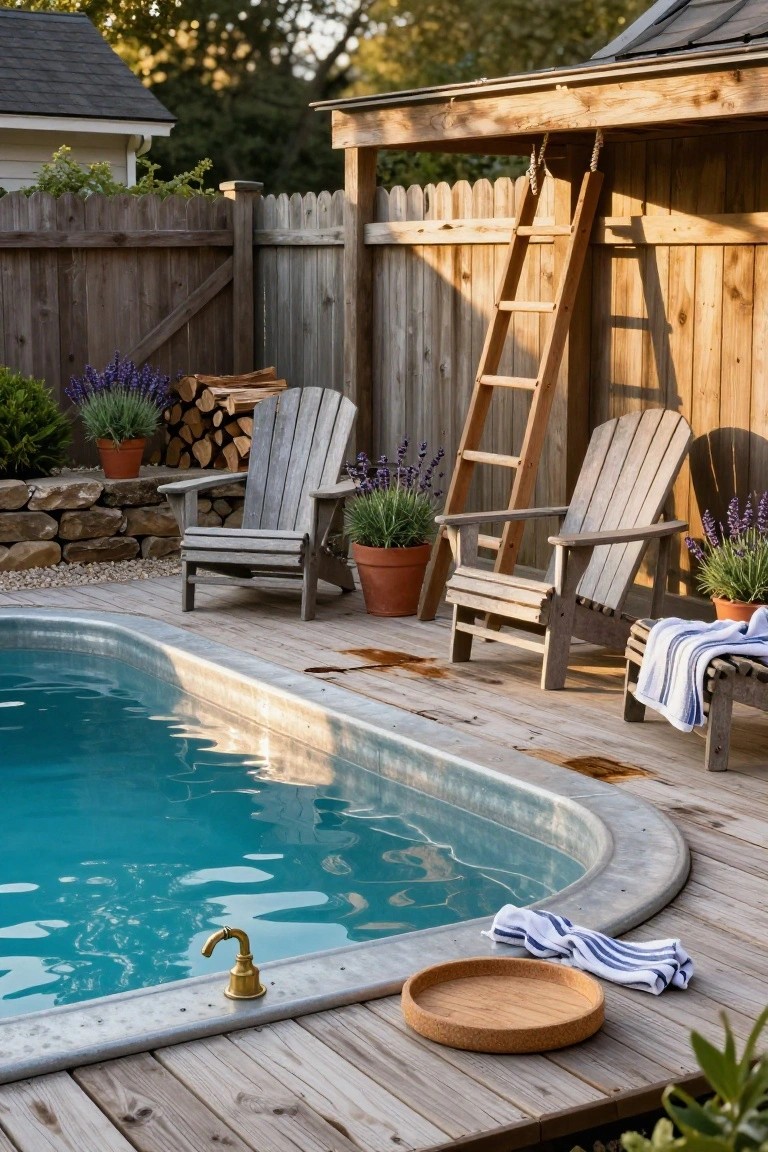 Blue stock tank pool set into a wooden deck with brass faucet, nearby Adirondack chairs, ladder, potted lavender plants, and firewood stack in a backyard.