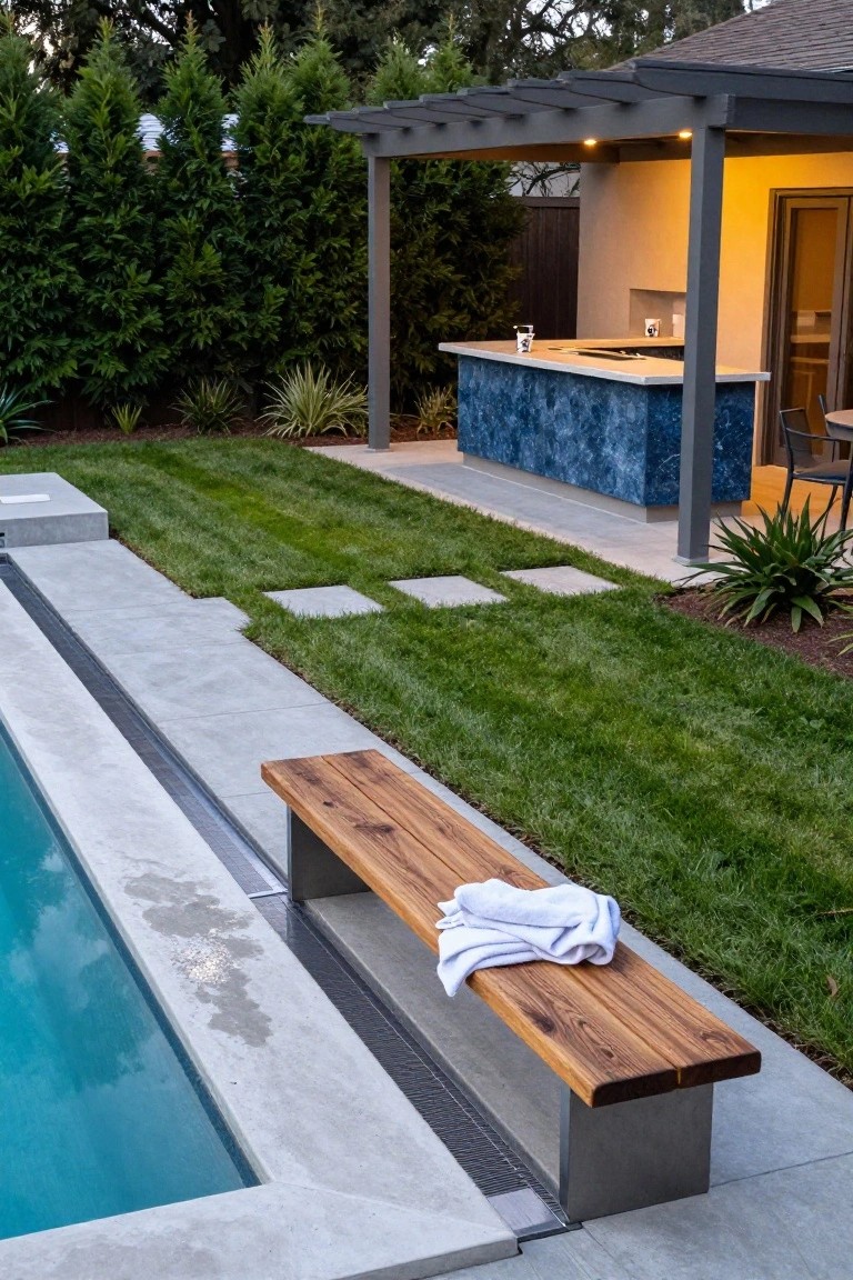 Semi-inground pool with gray concrete surround and integrated wooden bench at the edge, next to green lawn, plants, and an outdoor bar under a pergola.