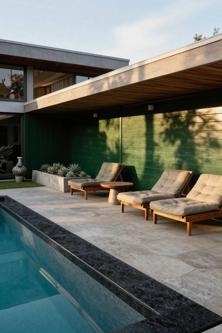 Semi-inground pool with black stone coping and light gray hexagonal tile decking, flanked by wooden lounge chairs with beige cushions, succulents in a concrete planter, and a green shiplap wall under a wooden overhang.