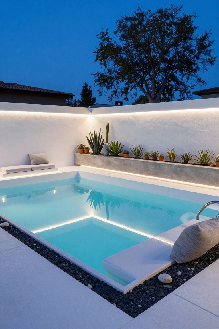 Rectangular semi-inground pool with turquoise water and LED edge lighting, white built-in benches, concrete planters holding succulents along a white wall, pebble borders, at dusk.