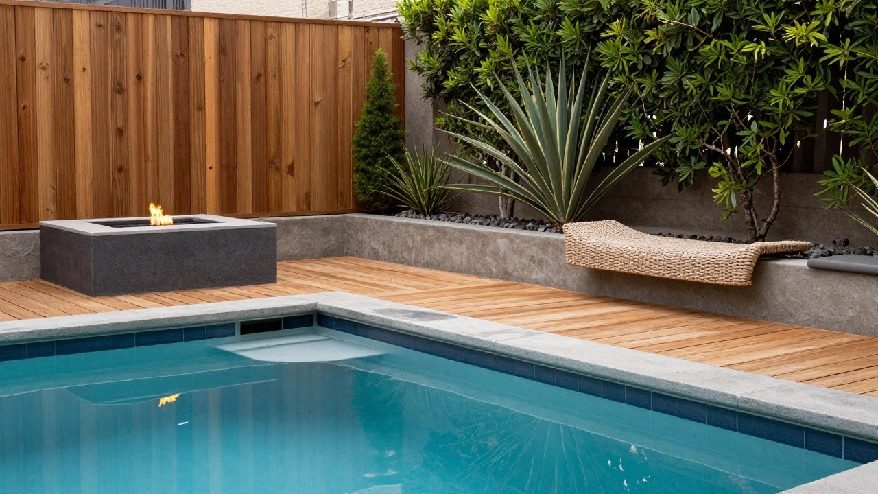 Rectangular semi-inground pool with blue tiles and black coping, surrounded by light wood decking and adjacent raised concrete planters with agave plants, gravel, and a wicker basket, wooden fence and greenery in background