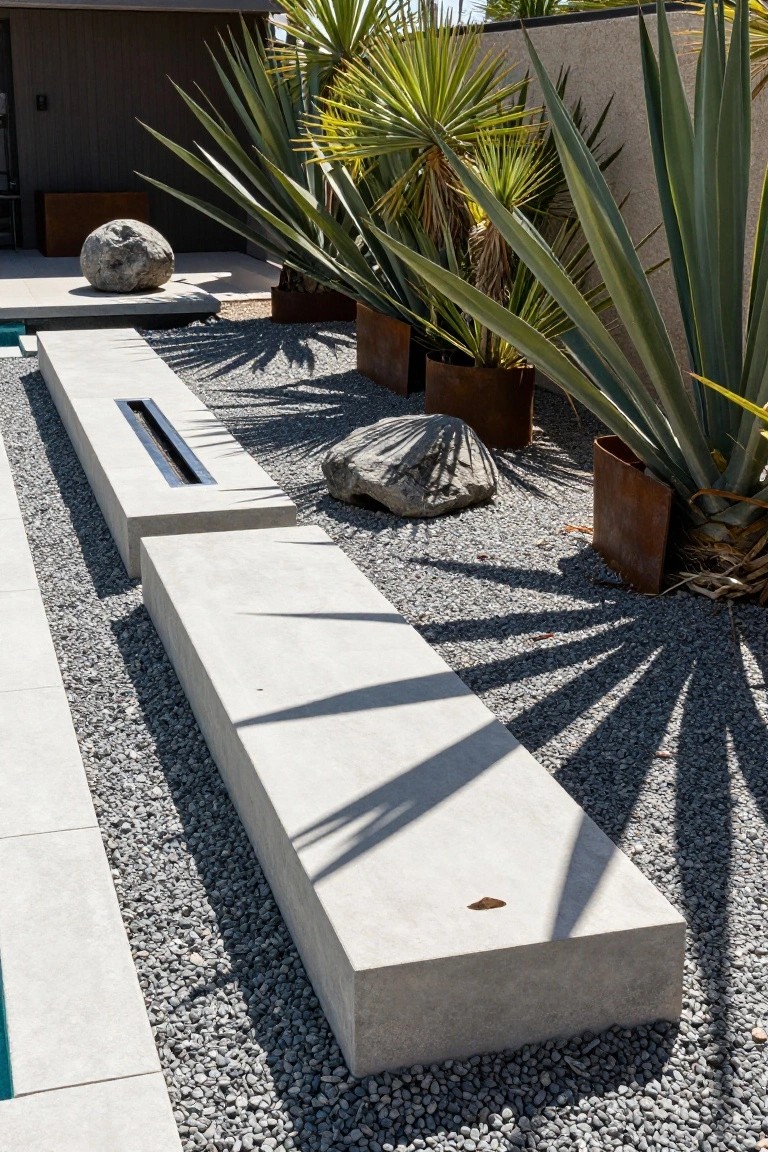 Poolside concrete benches with a linear fire trough in one, set on gravel amid boulders and agave plants near a turquoise pool edge and stucco wall.