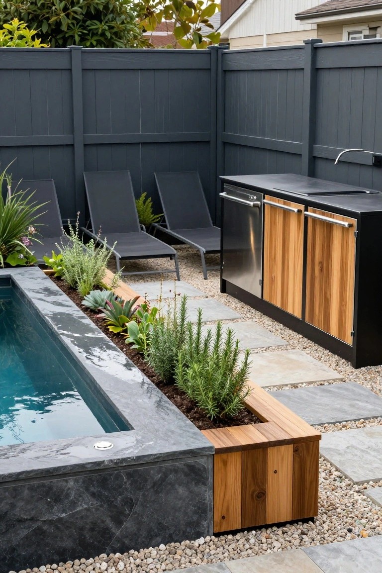 Semi-inground pool with black stone coping topped by a wooden planter box containing succulents, agave, and rosemary plants, next to a black outdoor kitchen with wood cabinet doors, gray lounge chairs, and pebble and paver ground cover enclosed by dark fences.