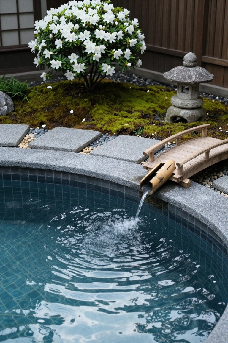 Semi-inground pool with blue mosaic tiles edged in gray stone, featuring a wooden arched bridge and bamboo spout pouring water into the pool, surrounded by moss mound, white azalea bush, stone lantern, pebbles, and gravel paths.