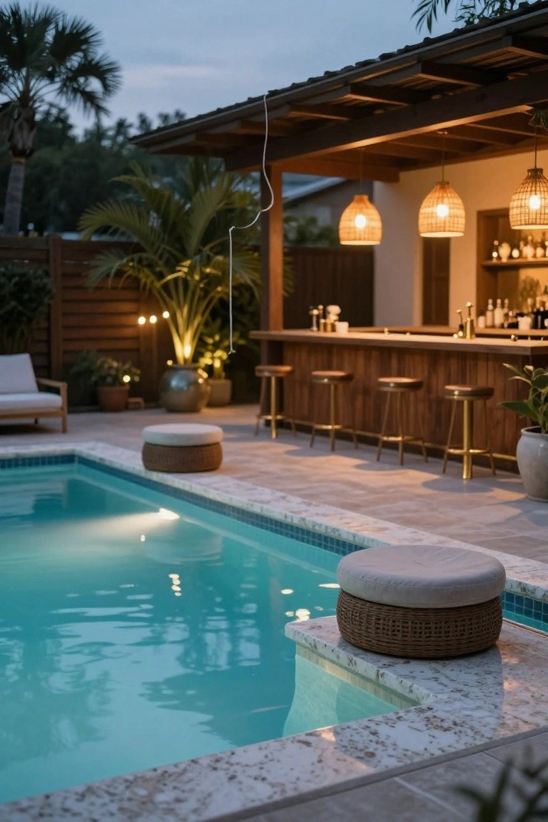 Twilight backyard scene featuring a semi-inground pool with a wooden bar counter and stools along the edge, rattan pendant lights, potted plants, and palm trees.