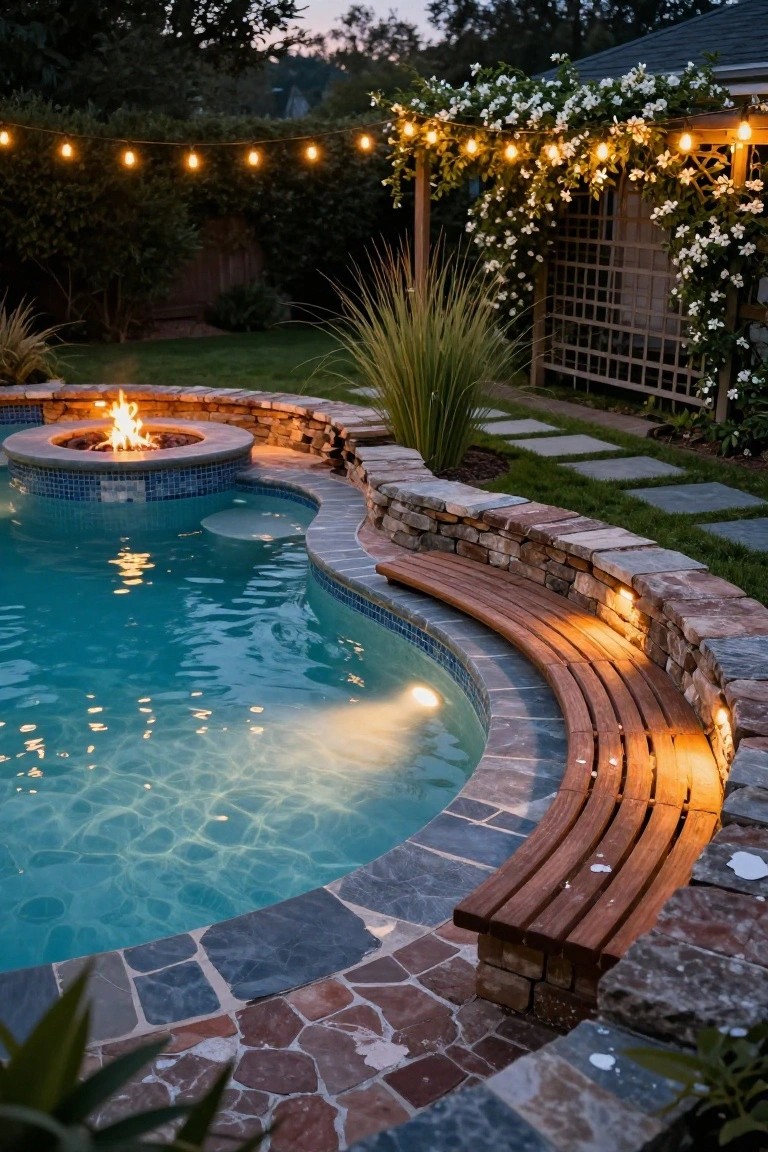 Curved semi-inground pool at dusk with central gas fire pit, surrounding natural stone walls, wooden bench seating, underwater lights, potted plants, string lights overhead, and garden landscaping.
