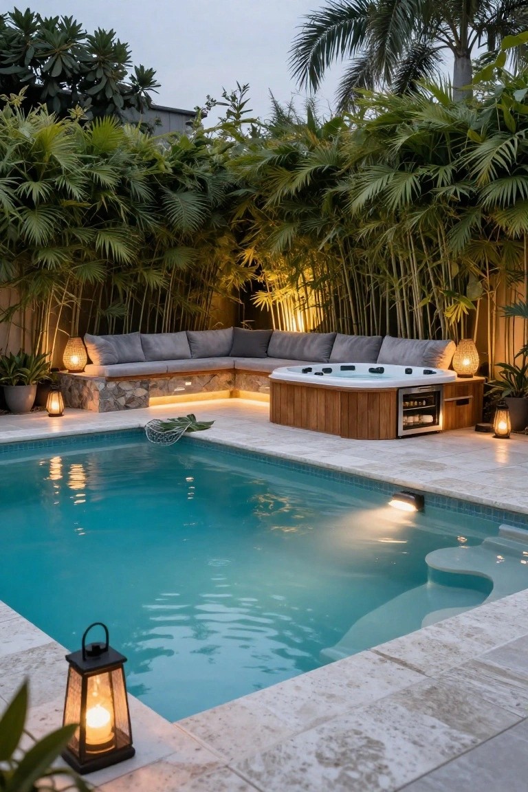 Semi-inground turquoise pool adjacent to a square wooden hot tub with built-in L-shaped gray bench seating and mini fridge cabinet, surrounded by bamboo screens, palms, potted plants, and lanterns on a tiled deck at dusk.