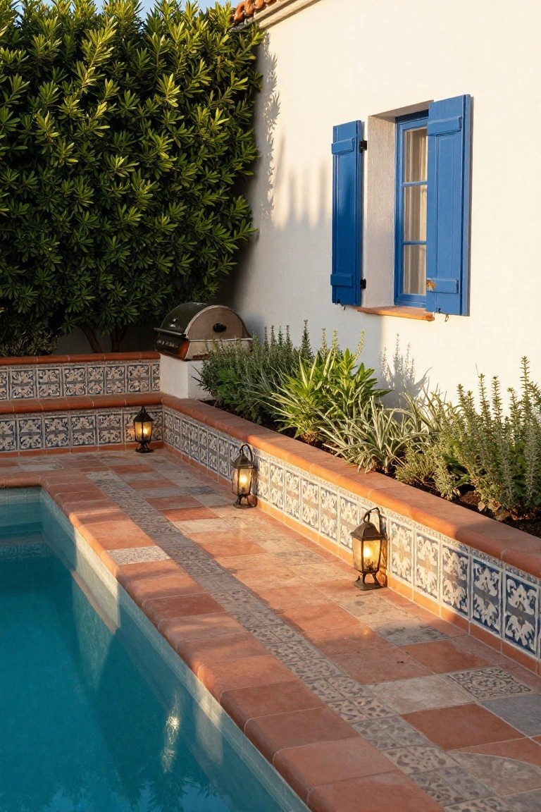 Semi-inground pool with terracotta tile coping and raised border featuring blue-and-white decorative tiles, integrated planters with greenery including rosemary, three iron lanterns, a metal barbecue grill, and a white stucco wall with blue shutters and overhanging shrubs.