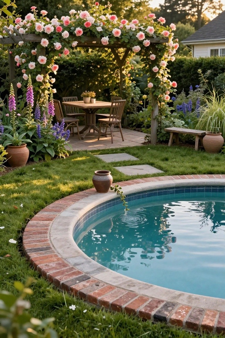 Curved turquoise semi-inground pool with brick edging and adjacent green lawn, surrounded by terracotta pots, purple delphiniums, ornamental grasses, and a wooden pergola draped in pink climbing roses with a dining table underneath in a backyard garden.