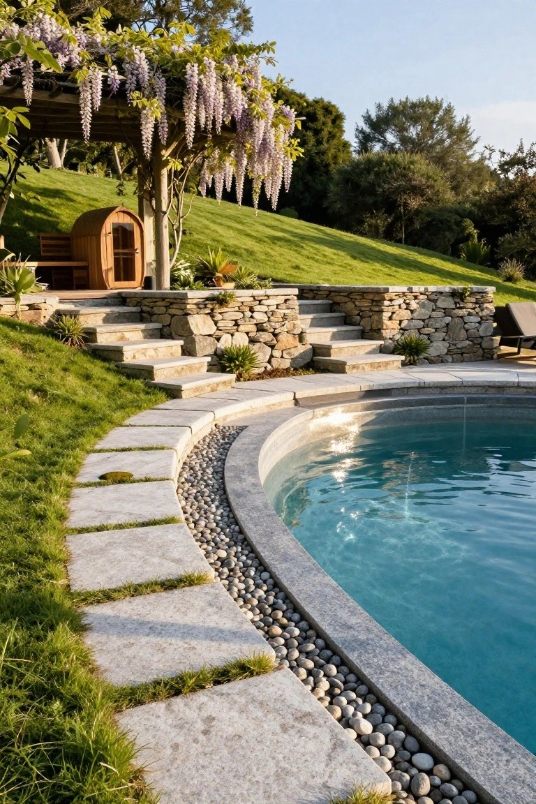 Curved semi-inground pool edged with pebbles and stone decking on a grassy hillside, with stone steps leading down from a wooden sauna structure under a wisteria-covered pergola.