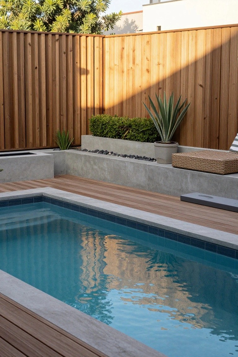 Rectangular semi-inground pool with blue tiles and black coping, surrounded by light wood decking and adjacent raised concrete planters with agave plants, gravel, and a wicker basket, wooden fence and greenery in background