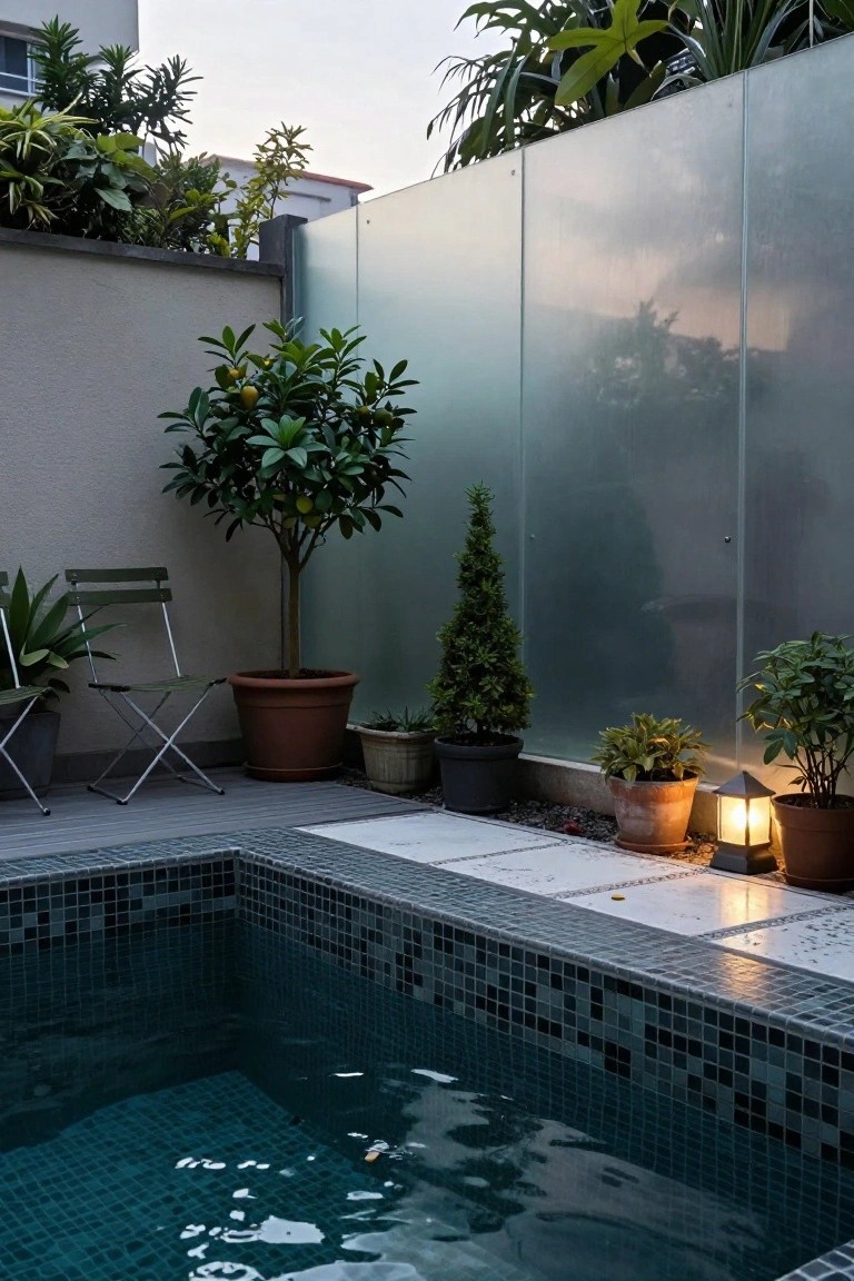 Semi-inground pool with teal mosaic tiles and white deck edge, surrounded by frosted glass panels, potted plants including citrus trees and lanterns, folding chairs nearby in a walled outdoor courtyard at dusk.