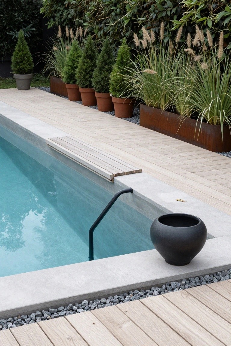 Semi-inground pool with turquoise water and concrete edging, featuring light wood decking, an overhanging bench, black metal ladder, black vase, gravel border, and surrounding potted plants and grasses.