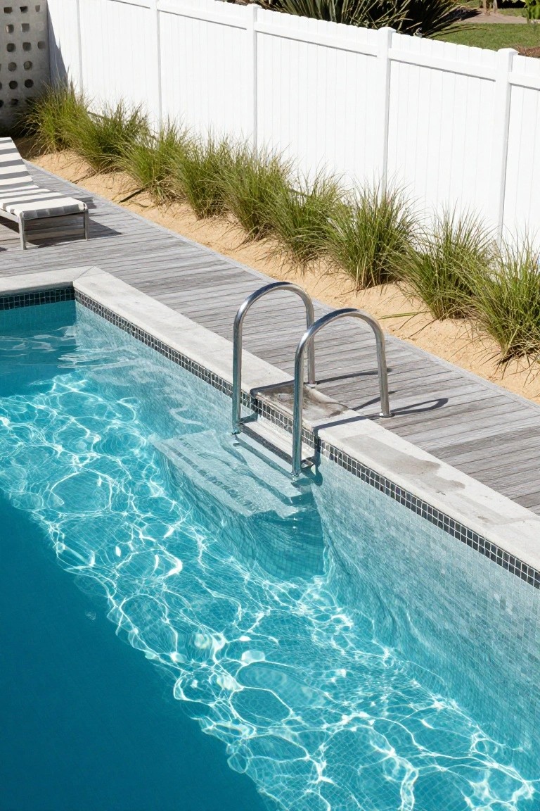 Semi-inground pool with stainless steel ladder extending from the water to adjacent wooden deck, edged by white tiled coping, sand, grasses, and white vinyl fence.