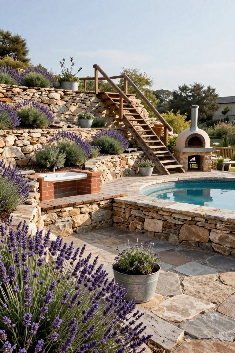 Terraced Stone Walls Around Semi-Inground Pools
