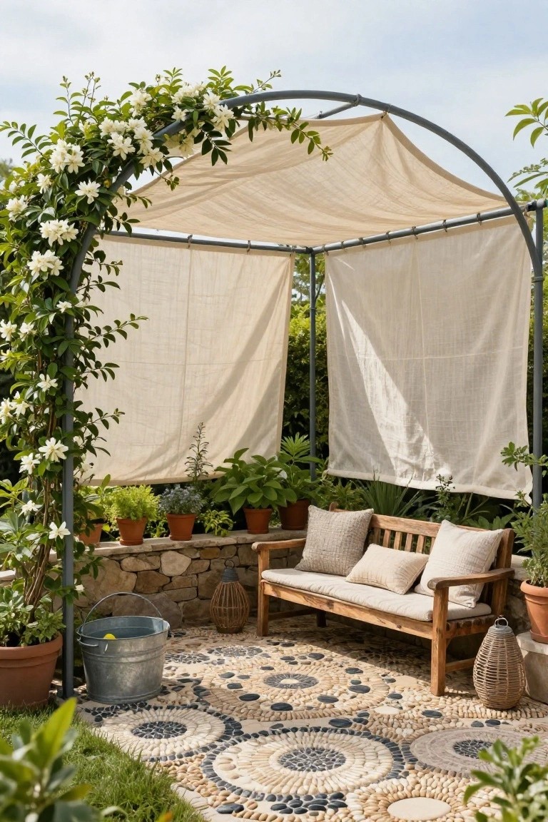 Outdoor seating area under a metal arch pergola covered with beige fabric and white flowering vines, featuring a wooden bench with cushions, potted plants, lanterns, a metal bucket, and pebble mosaic flooring.