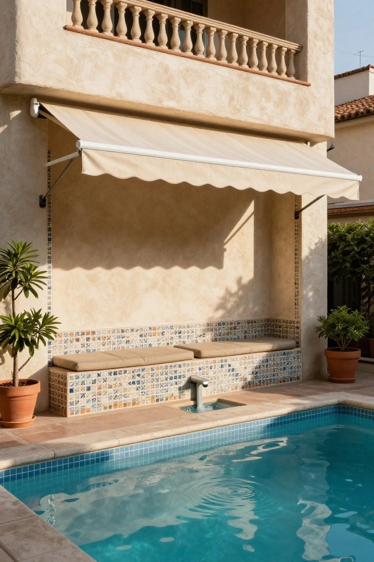 Beige stucco exterior wall with balcony and retractable beige awning shading a built-in cushioned bench with blue mosaic tile details next to a small turquoise pool edged in terracotta tile, potted plants on both sides.
