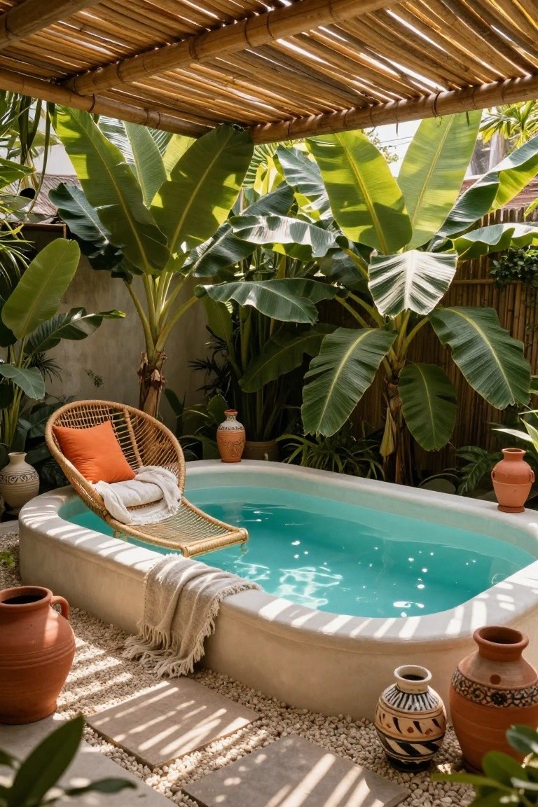 Small round turquoise pool with a floating rattan lounge chair, shaded by open bamboo roof structure, surrounded by banana plants, terracotta pots, and pebble ground in a tropical outdoor setting.