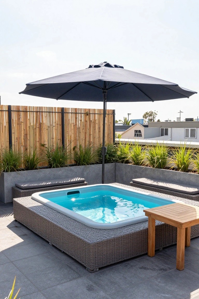 Rooftop terrace with small turquoise hot tub shaded by large navy cantilever umbrella, bamboo privacy fence, potted grasses, concrete benches, wicker seating, and wood side table on gray tile patio.