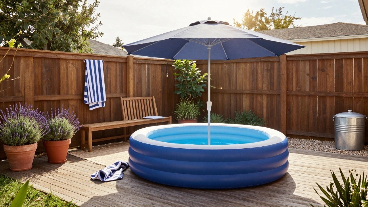 Blue inflatable kiddie pool on a wooden deck under a large navy blue market umbrella, surrounded by potted lavender plants, hanging towels on a wooden fence, a metal cooler, and a wooden bench with striped towel.