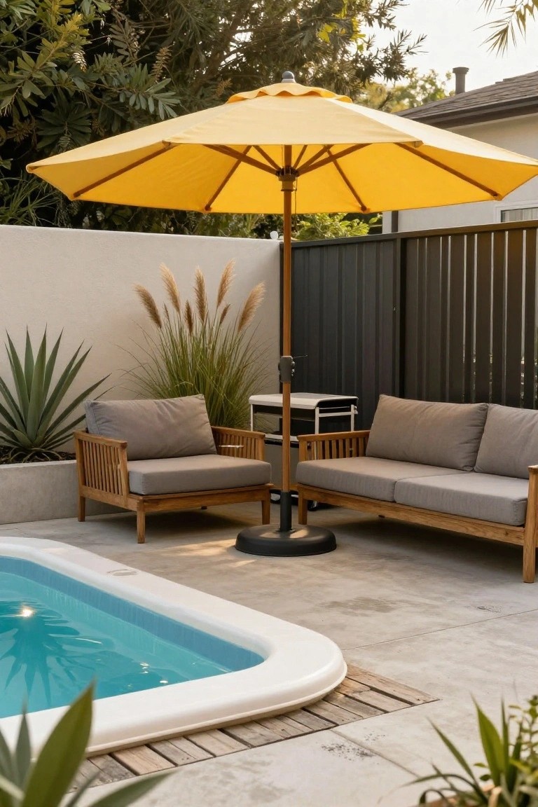 A yellow market umbrella on a black base positioned next to a small turquoise rectangular pool on a concrete patio, with teak outdoor chairs, sofa, potted plants, and a wooden fence in the background.