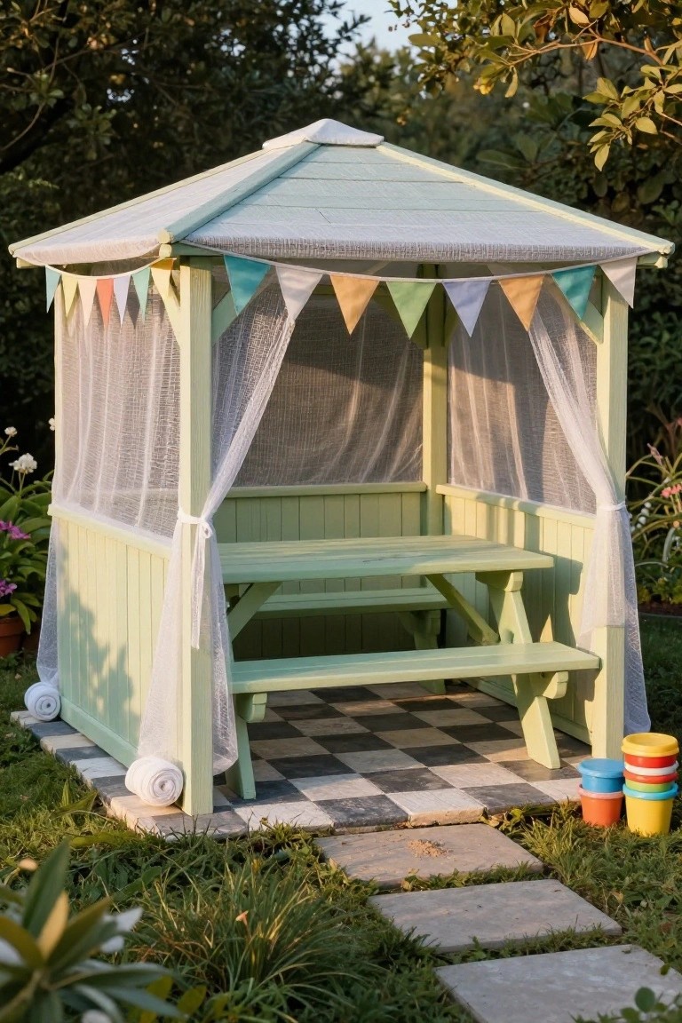 Mint-green wooden gazebo with peaked roof, white netting curtains, colorful bunting flags, green picnic table and benches on checkered tile floor, surrounded by plants, rolled towels, and stacked colorful plastic buckets in a garden.